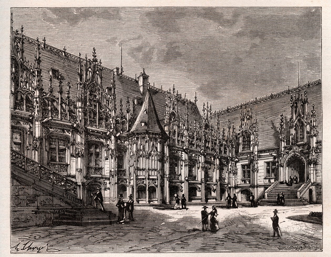 鲁昂司法宫（Palais de justice de Rouen）前诺曼底议会--V.A. Malt-Brown的《法国图解：地理、历史、统计管理》中的雕刻。1884 作者 法语学校
