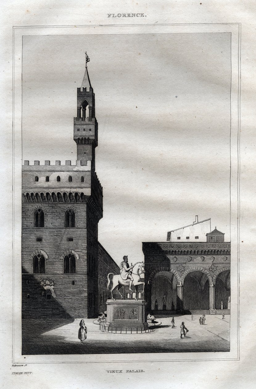 佛罗伦萨的Palazzo vecchio - Piazza della Signoria - 雕刻自M. de Norvins, Ch. Nodier 1834-1836的 "Picturesque Italy" - 意大利的历史和描述性绘画。 作者 法语学校