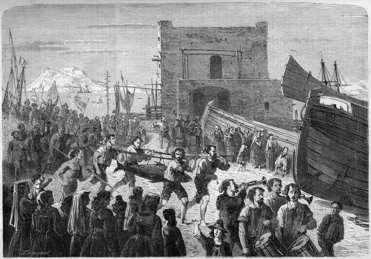 Palermo fishermen carrying in triumph the first tuna caught at the opening of the fishery. Sicily, Italy 作者 法语学校