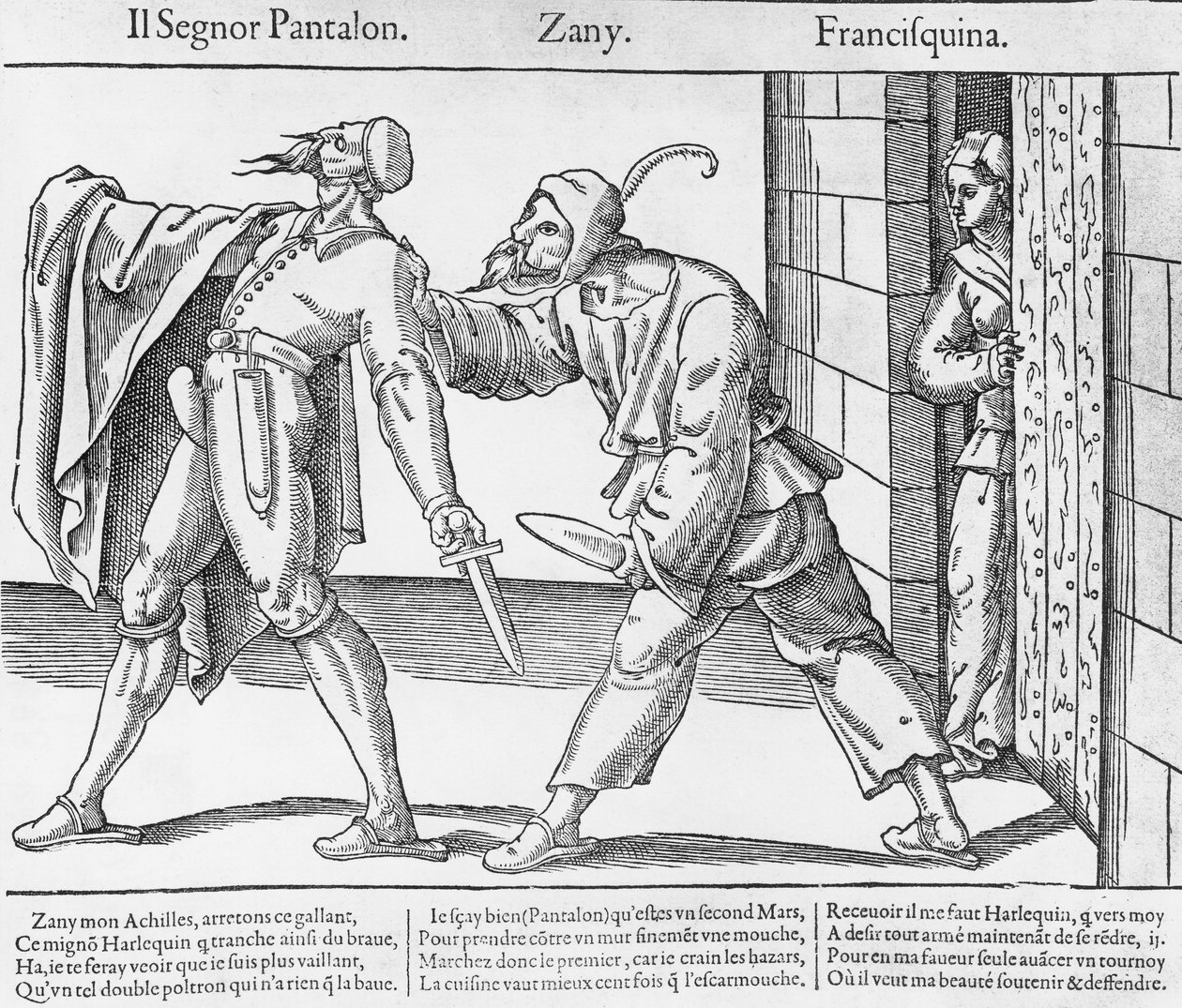 Pantalone、Zanni和Franceschina，亨利三世统治时期在法国上演的意大利《喜剧艺术》中的场景，印刷品。 作者 法语学校