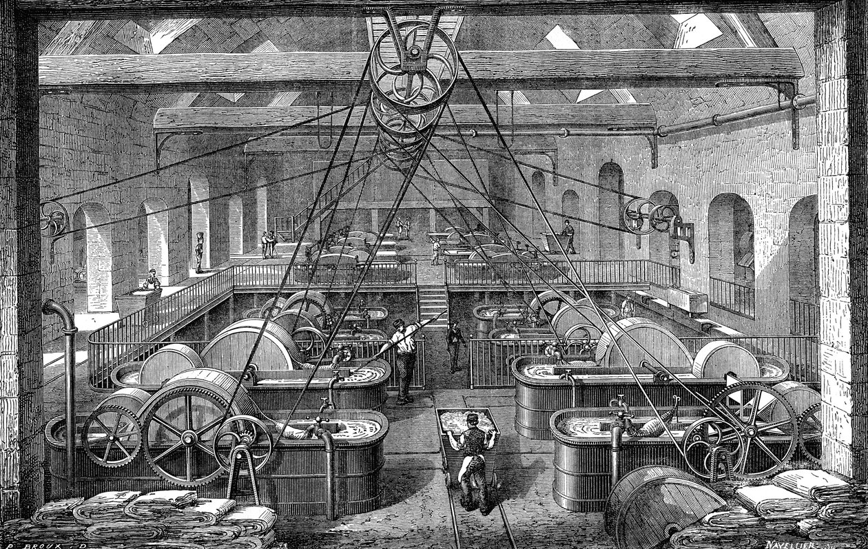 造纸业：纸浆提炼和增白车间。1867 年雕刻 作者 法语学校