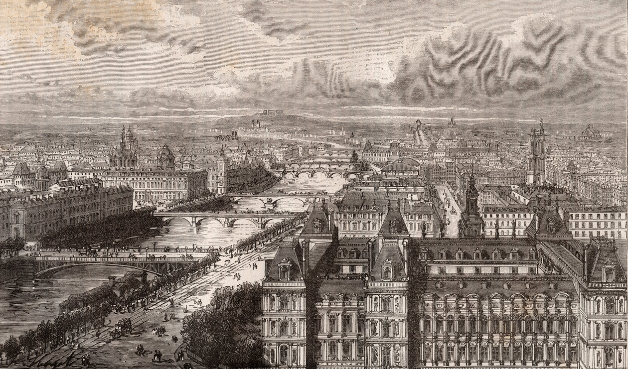 巴黎--塞纳河--les Ponts--从Saint-Gervais塔拍摄的景色--V.-A. Malt-Brown的 "La France illustree: geography, history, statistical administration "中的雕刻。 作者 法语学校