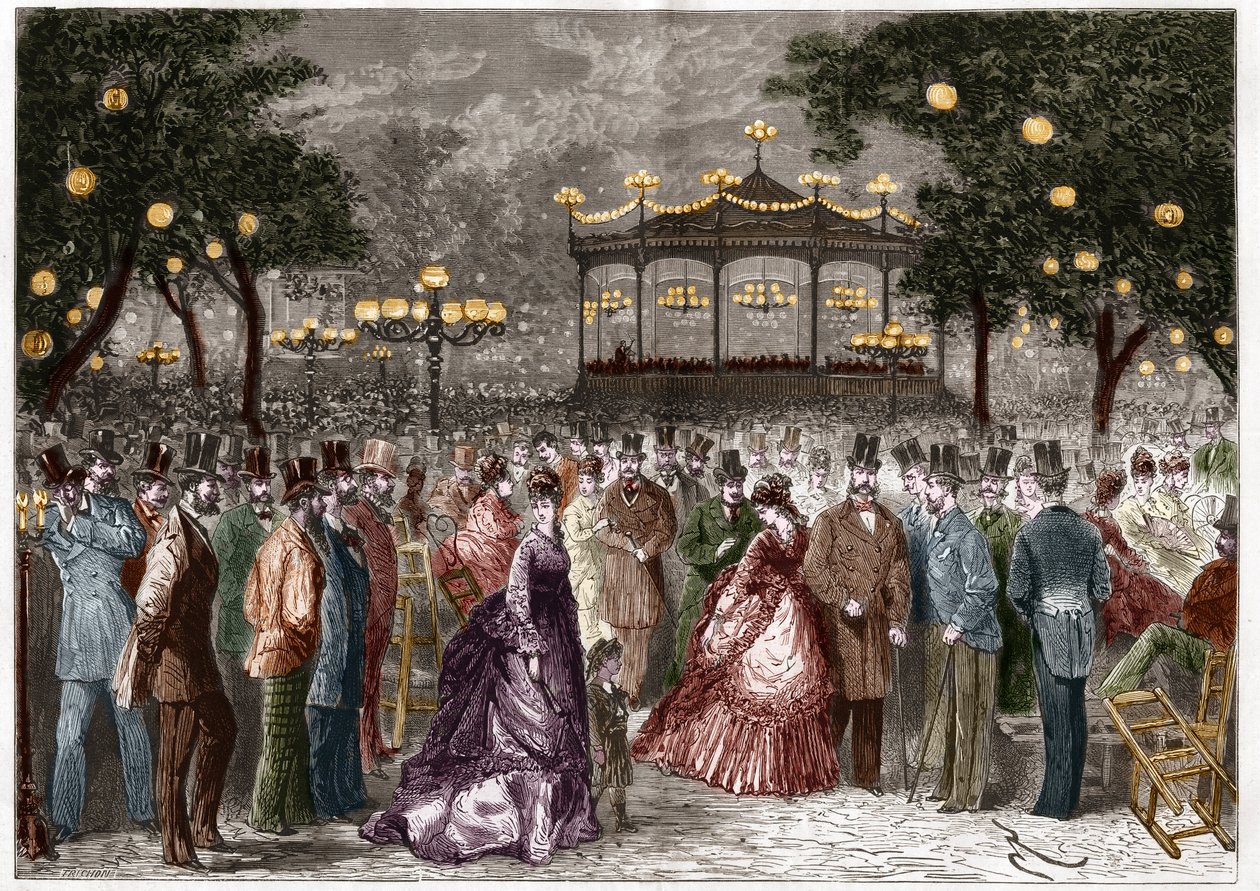 巴黎：夏天的星期五，在香榭丽舍大街的音乐会（Champs Elysees）。 作者 法语学校