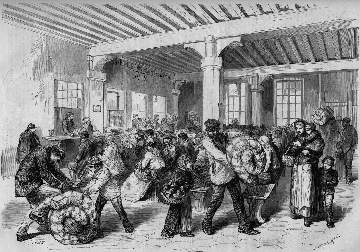 巴黎，1868年冬：由于拿破仑三世皇帝的财政帮助，在Mont de Piete（皮特山）免费发放衣服和被褥。1868年1月25日《世界画报》第563期上的雕刻。 作者 法语学校