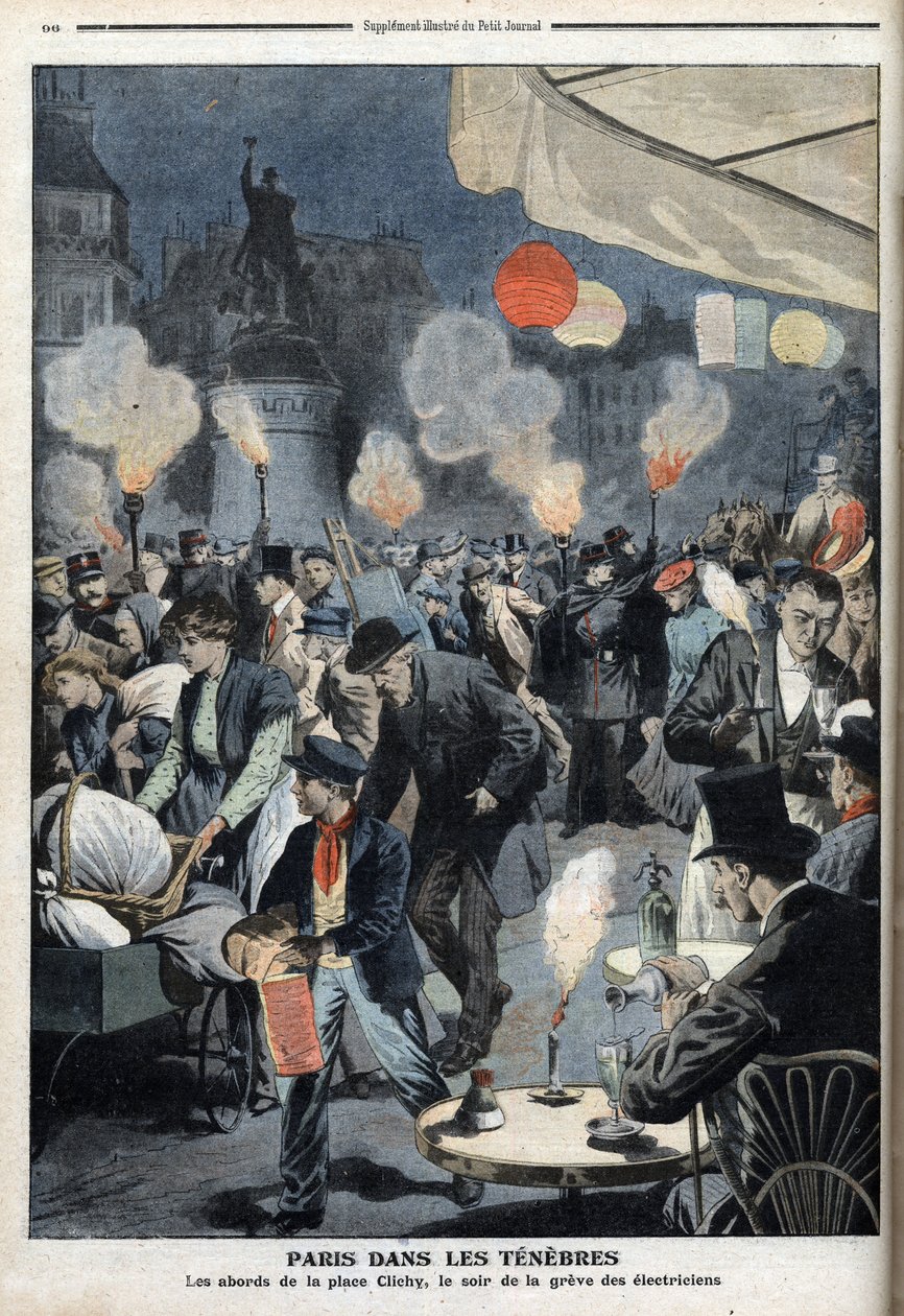黑暗中的巴黎--克利希地方的环境，电工罢工的夜晚--《小报》，1907年3月（版画 作者 法语学校