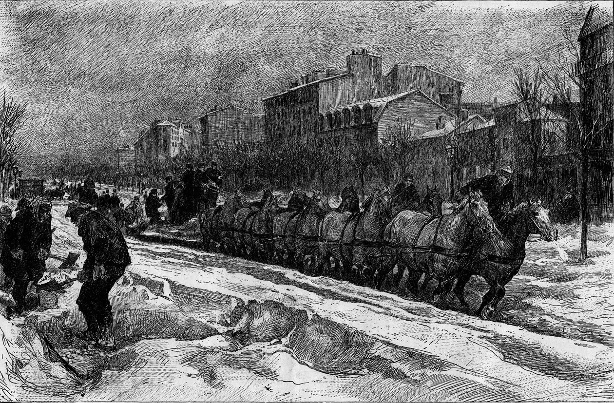 雪下的巴黎，1879-1880 年冬天：蒙帕纳斯大道的冰犁（扫雪）。 1 月 3 日在“Le Monde Illustré”n°1188 上雕刻 作者 法语学校