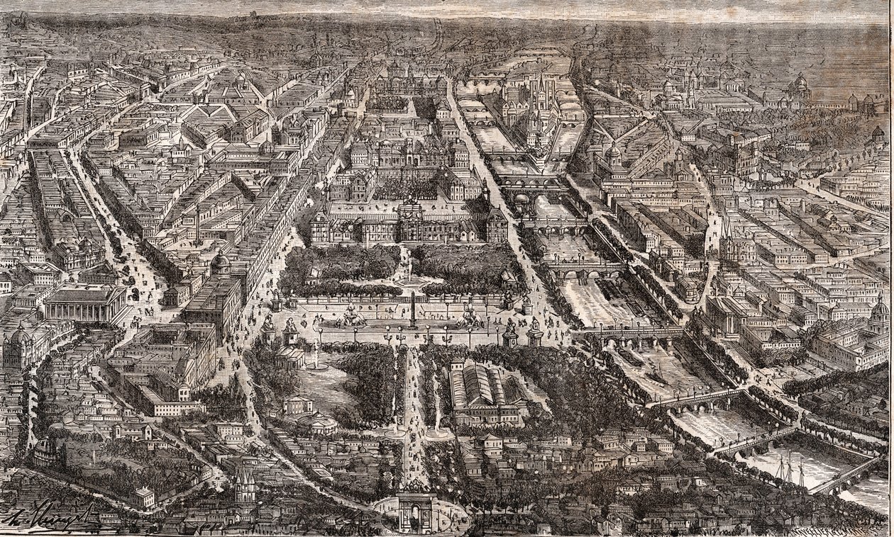 从艾托尔凯旋门看到的巴黎--里沃利街和塞纳河--V.A. Malt-Brown的 "La France illustree: geography, history, statistical administration "中的雕刻，1884。 作者 法语学校