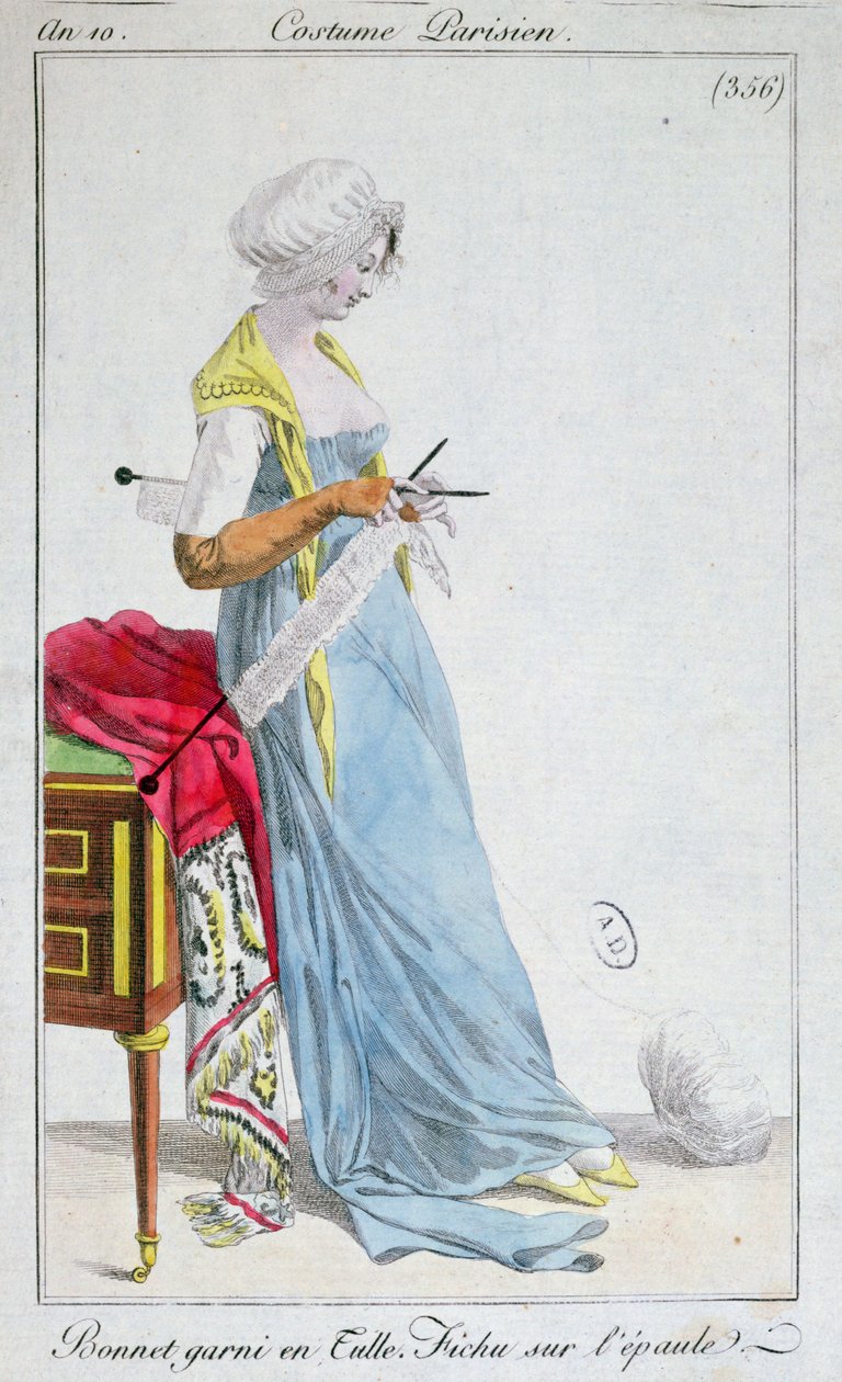巴黎服装：用薄纱修饰的帽子，肩膀上的fichu，1802 作者 法语学校