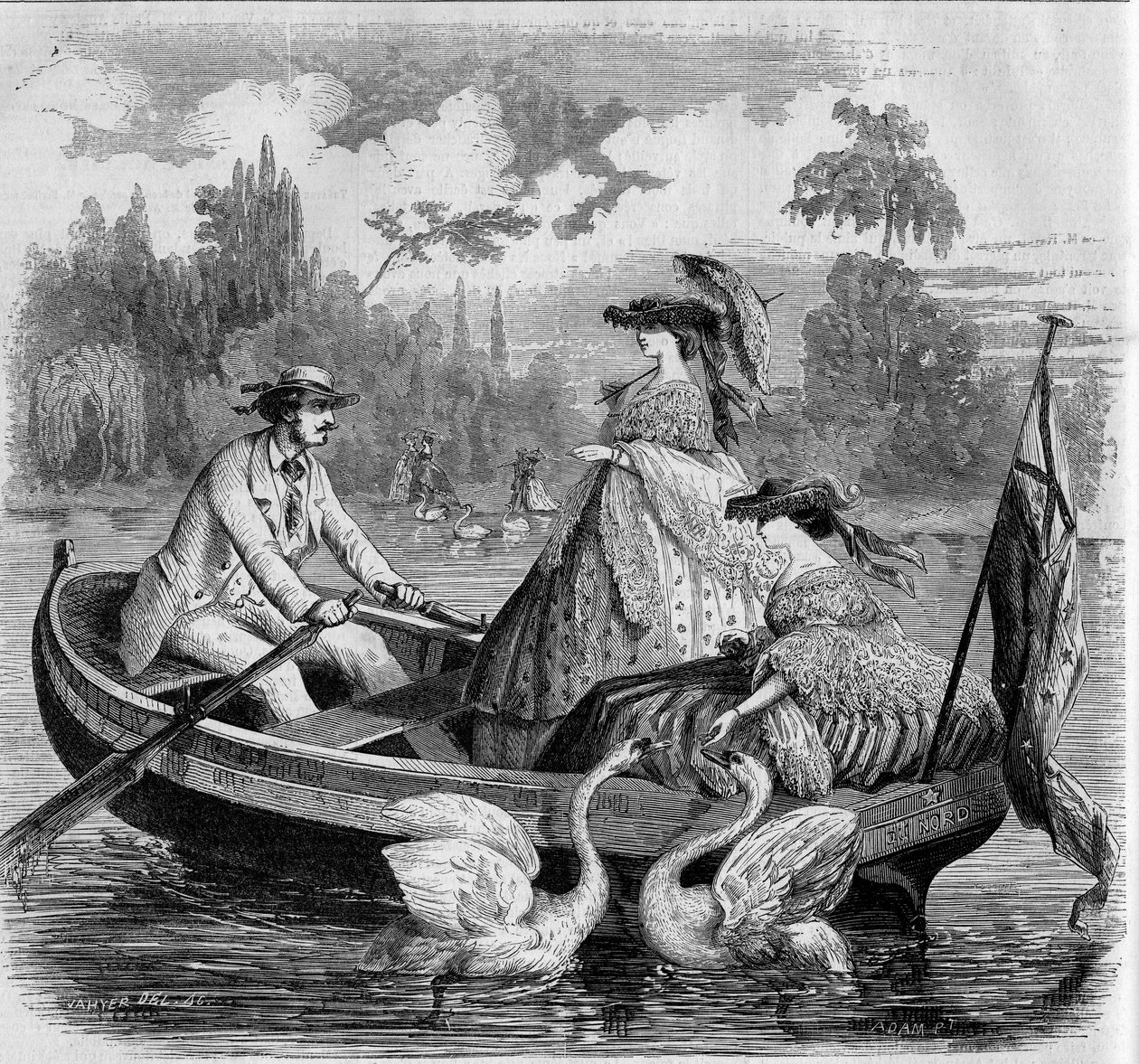 巴黎的模式，1857年夏天：湖上乘船。1857年9月26日《世界画报》第24期上的版画。 作者 法语学校