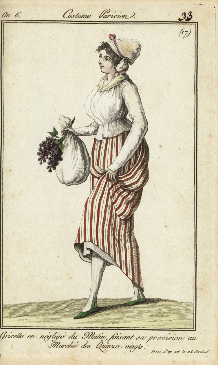 穿着休闲晨衣的巴黎女店员，1798年3月26日（手绘铜版画）。 作者 法语学校