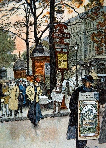巴黎的街景，靠近Palais-Royal地铁站，约1900年（彩色平印）。 作者 法语学校