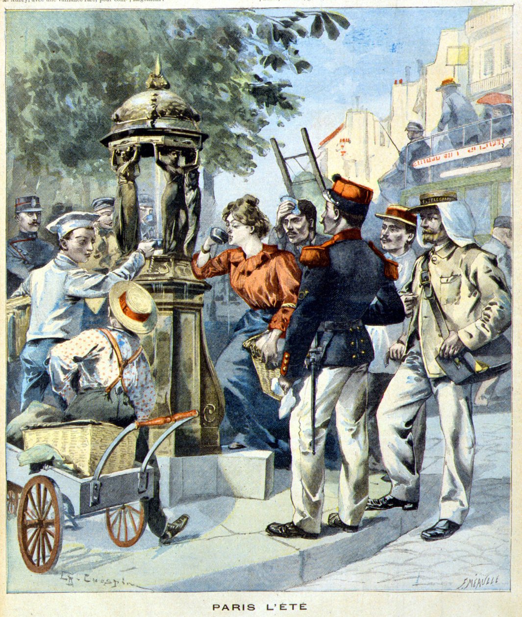巴黎人在华莱士喷泉旁喝酒 - 1900 年 8 月 19 日的“Le Petit Journal”（版画） 作者 法语学校