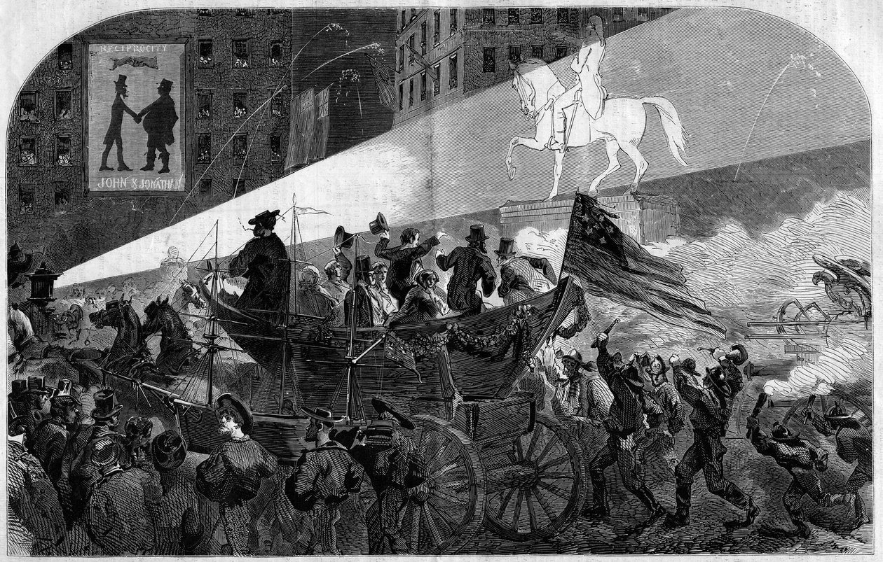 Party in the streets of New York (New York) to celebrate the installation of the transatlantic telegraphic cable between the United States (United States) and England in 1858. Engraving in “” Le Monde Illustré”” n°79 of 16 October 1858. 作者 法语学校