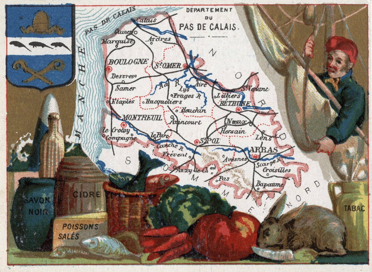 加来海峡（62），法国北加来海峡（Nord-Pas-De-Calais）。当地特产：黑肥皂、脏鱼、苹果酒和烟草。关于法国各省的系列报道。彩色石版画（Chromo）"地理线"，约1920年。私人收藏。 作者 法语学校
