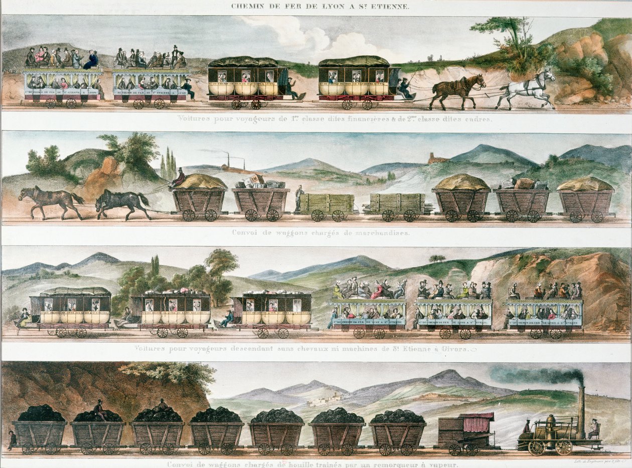 第一条法国线上的乘客和货物在里昂和圣艾蒂安之间开通，1829年（彩色光刻） 作者 法语学校