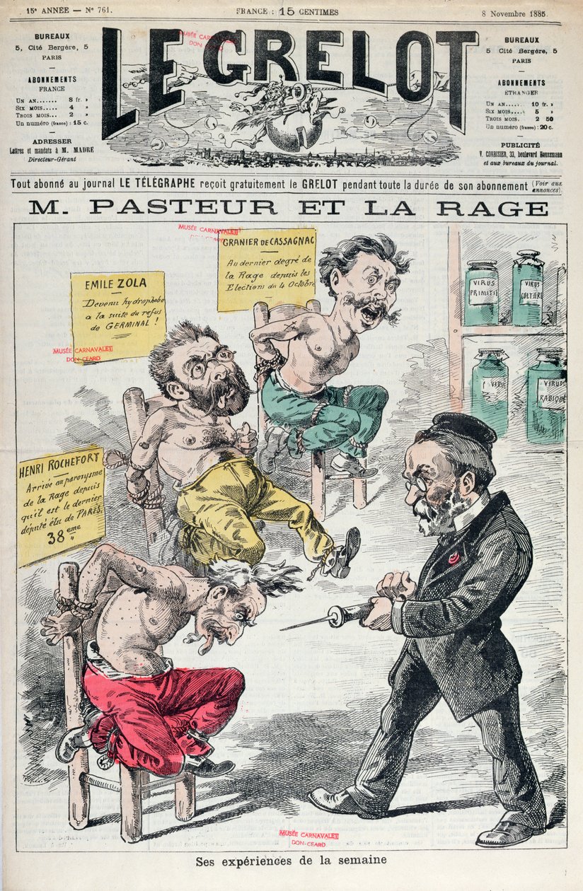 巴斯德和狂犬病，1885年11月8日来自Le Grelot的Louis Pasteur（1822-95）实验的漫画 作者 法语学校