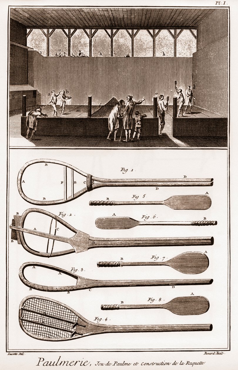 Paulmerie - Jeu de paume et construction de la racket - Jeu de Paume court and various stages in the construction of racquets (paddle-bats or battoirs) - "La Grande Encyclopedie, ou Dictionnaire Raisonne des Sciences, des Arts et des Metiers" (Encycloped) 作者 法语学校