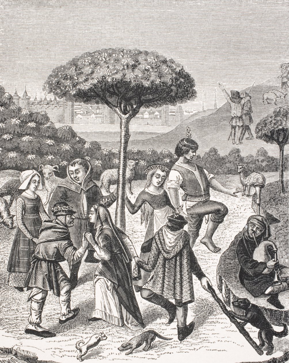 五月节的农民舞蹈，经过15世纪祈祷书的缩影，来自Paul Lacroix的“Le Moyen Age et La Renaissance”（1806-84）出版1847年 作者 法语学校