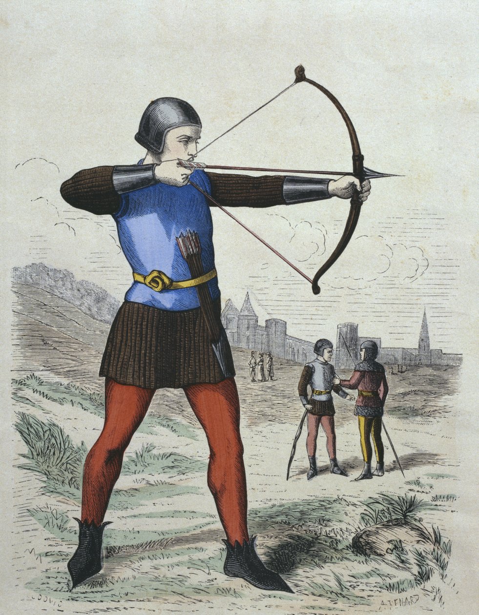 13世纪的行人弓箭手，来自Costumes de Paris的插图由H. Gourdon de Genouillac设计的雕刻，由A. Renard（19世纪）雕刻（彩色雕刻） 作者 法语学校
