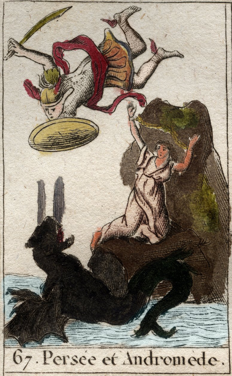 Persee representation coming to the rescue of Andromede enchainee a un rock (Perseus save Andromeda enchained to a rock) From “Mythologie de la jeunesse “” by Pierre Blanchard 1803. 作者 法语学校