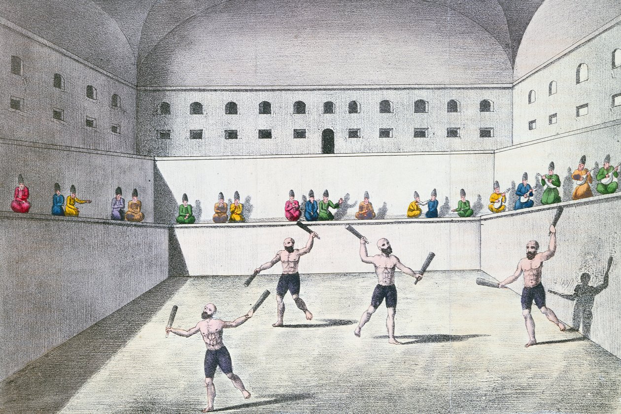 在体育馆锻炼的波斯运动员，c.1820（彩色雕刻） 作者 法语学校