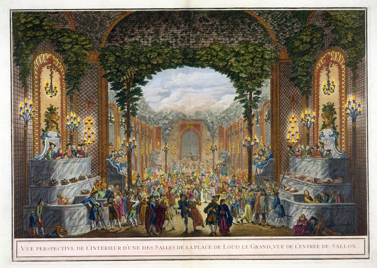 透视图Place de Louis le Grand的其中一间客房的内部，沙龙入口的视图（彩色雕刻） 作者 法语学校