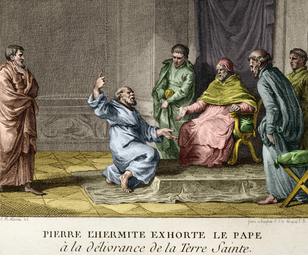 Peter the Hermit menasihati Paus Urban II untuk pembebasan Tanah Suci pada tahun 1093 (Peter the Hermit mengkhotbahkan Perang Salib pertama) - Ukiran dari Tokoh Sejarah Prancis, sd. akhir abad ke-18 作者 法语学校