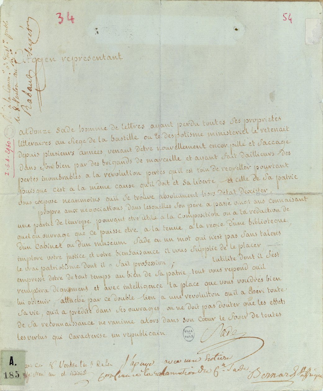 Aldonze Sade就职申请，1794-95（纸笔墨水） 作者 法语学校