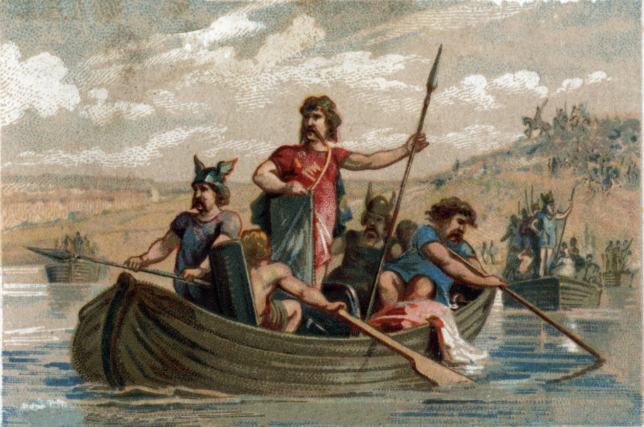Pharamond crossed the Rhine with Francs warriors, and became the first Duke of the Salian Francs from 420 to 428. Chromolithography around 1890. 作者 法语学校