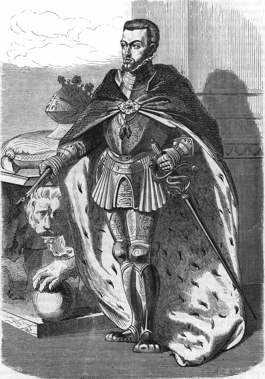 腓力二世（1527-1598），西班牙国王。载于《法国人民史》，约1885年。雕刻。 作者 法语学校