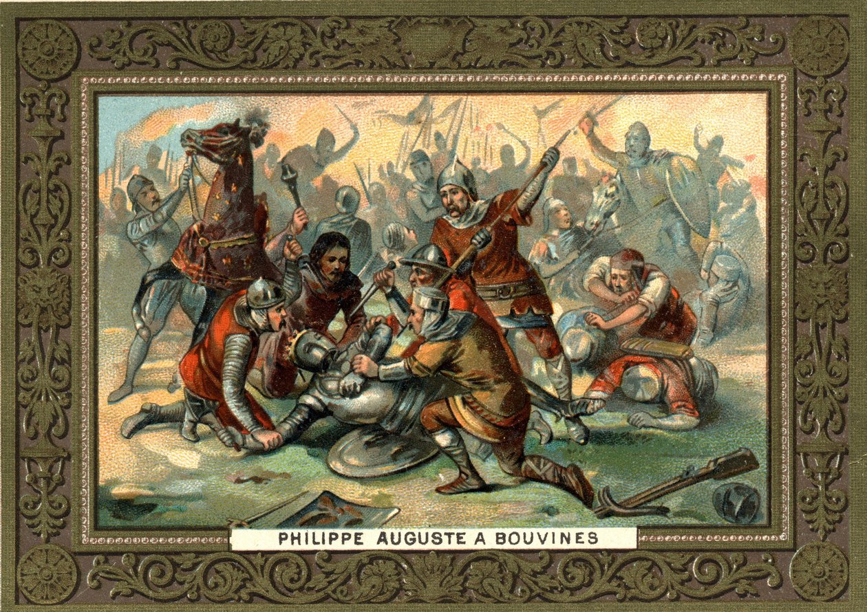 1214年菲利普-奥古斯特在Bouvines。19世纪的彩色石版画 Coll.Bianchetti. 作者 法语学校