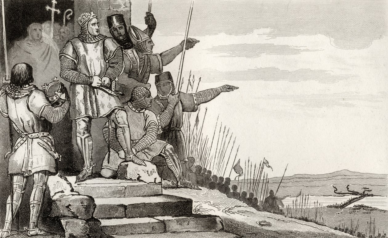 Philippe II Auguste（1165-1223）在祈祷之后赢得Bouvines战役，来自Colart的&39;Histoire de France&39;，出版于1840年 作者 法语学校