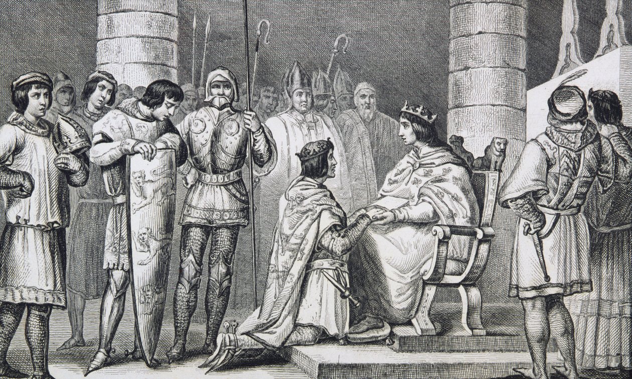 Philippe VI（1293-1350）de Valois致敬英格兰爱德华三世（1312-77），但仅作为阿基坦公爵，来自Colart的&39;Histoire de France&39;，出版于1840年 作者 法语学校