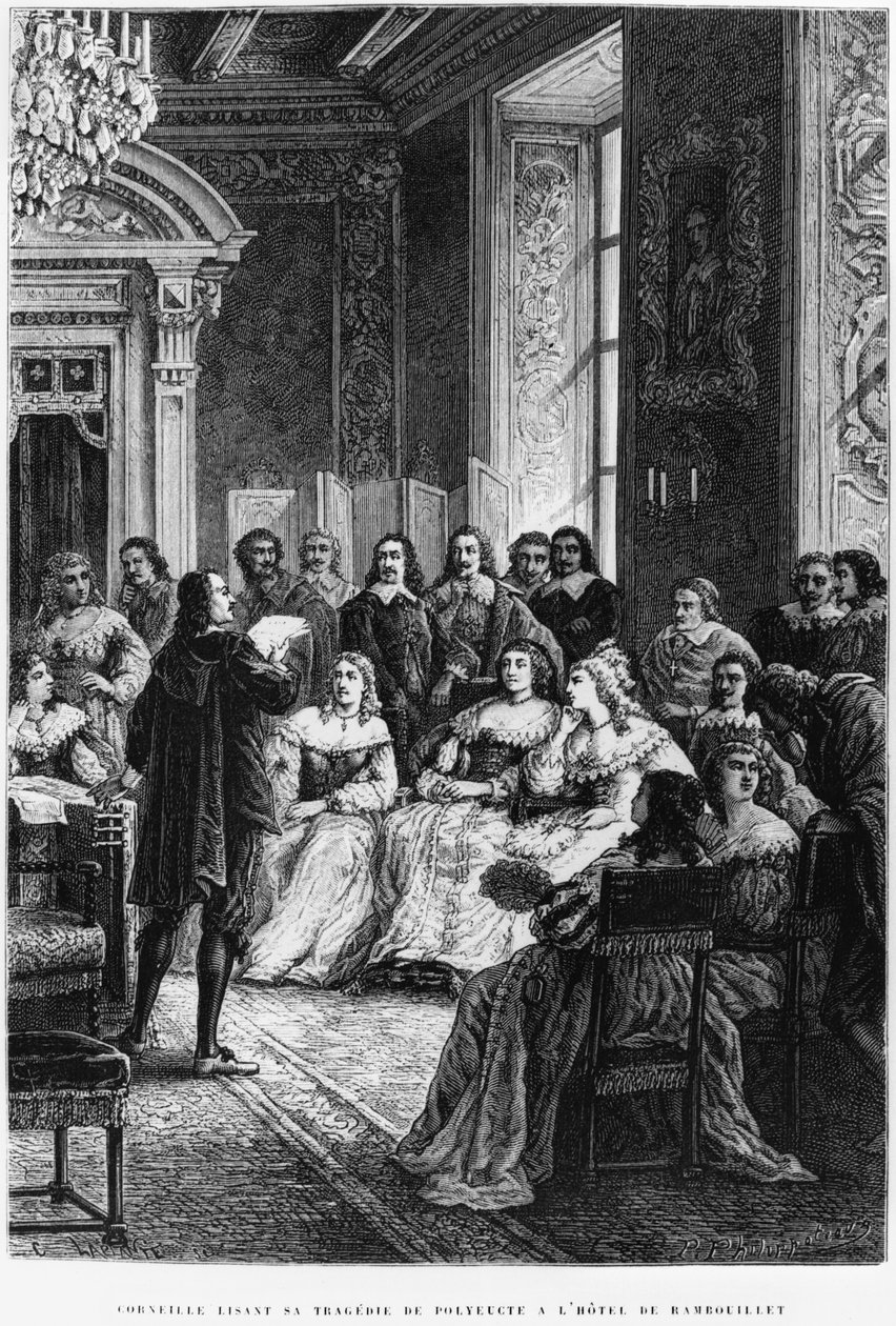Pierre Corneille（1606-84）在Hotel de Rambouillet阅读Polyeucte，1880年 作者 法语学校
