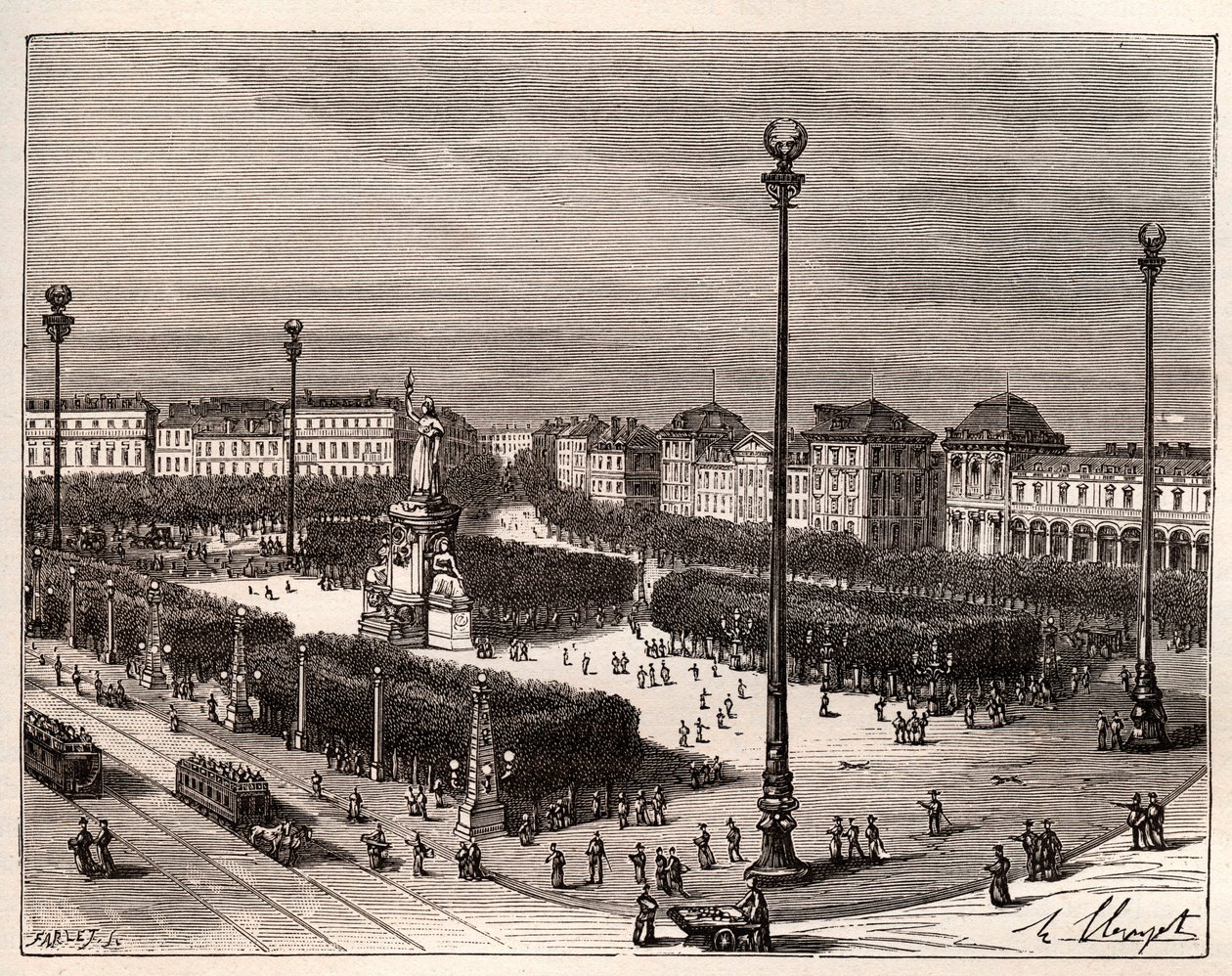 巴黎的共和国广场--V.A. Malt-Brown的 "La France illustree: geography, history, administration statistique "中的雕版画。1884 作者 法语学校