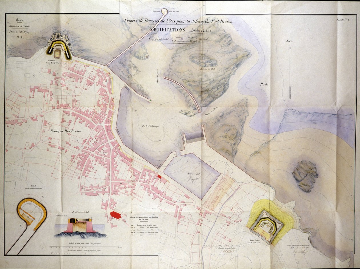 1848 年建造海岸炮台以防御布列塔尼港的计划。 作者 法语学校