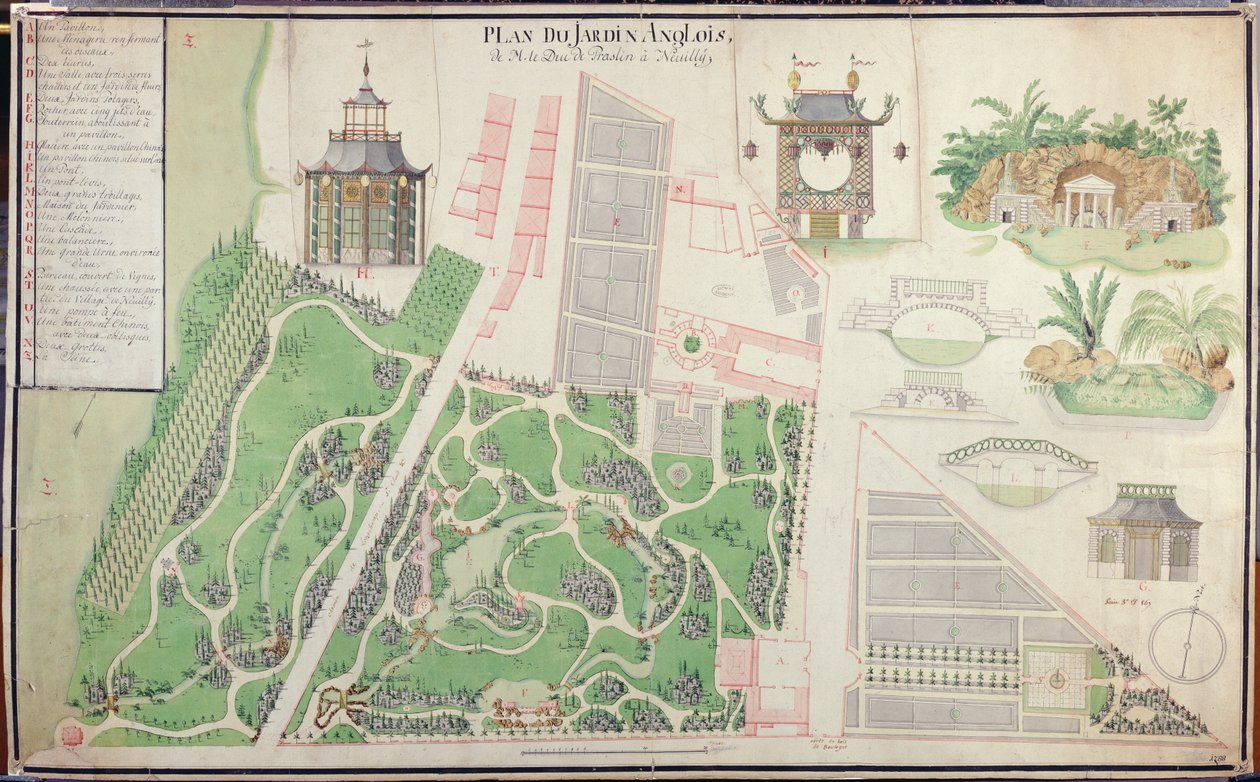 1788年在塞纳河畔纳伊（Neuilly-sur-Seine）的普拉兰公爵英国风景园的计划（笔和墨水在纸上） 作者 法语学校
