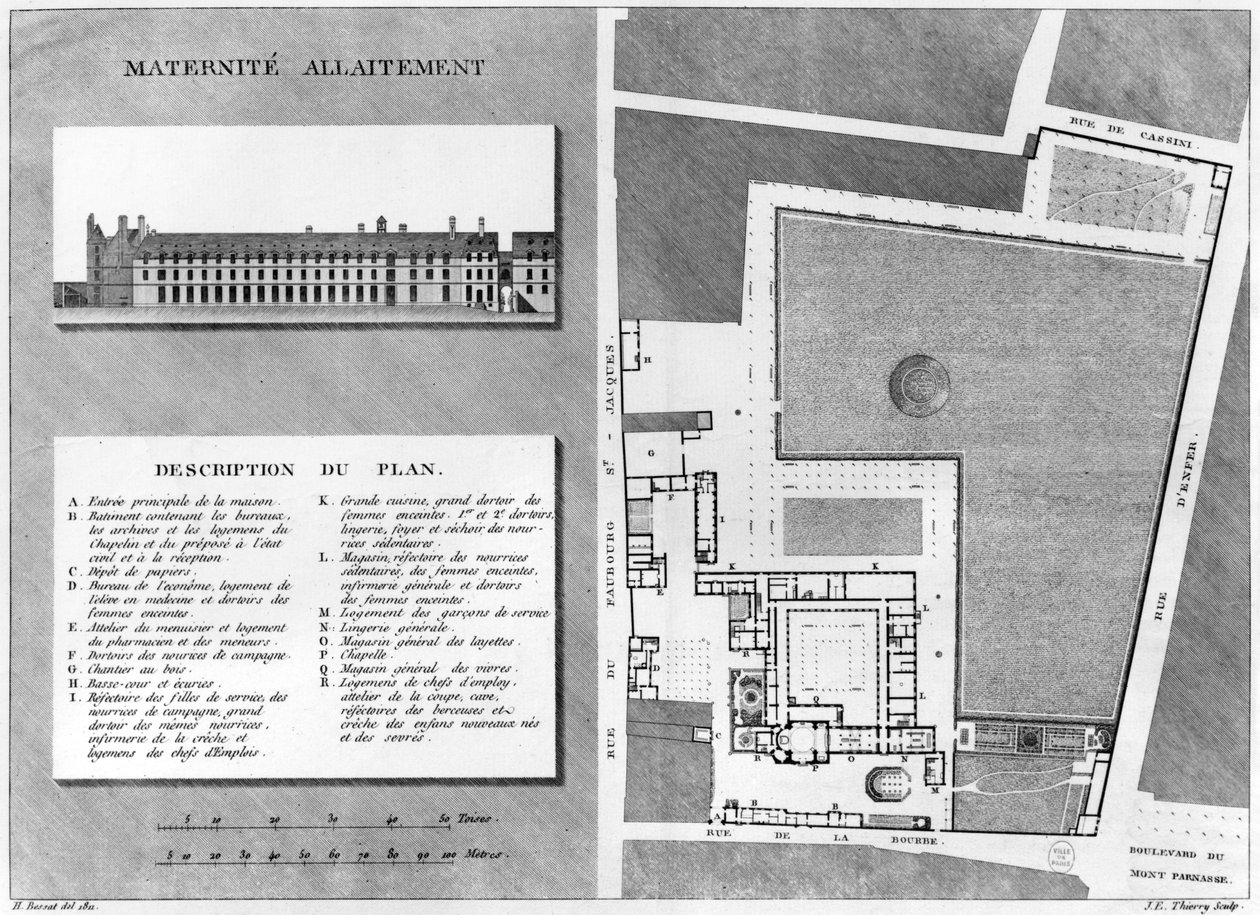 Maternite Port-Royal的计划，由Jacques Etienne Thierry（1750-1832）在H. Bessat，1811年后雕刻 作者 法语学校