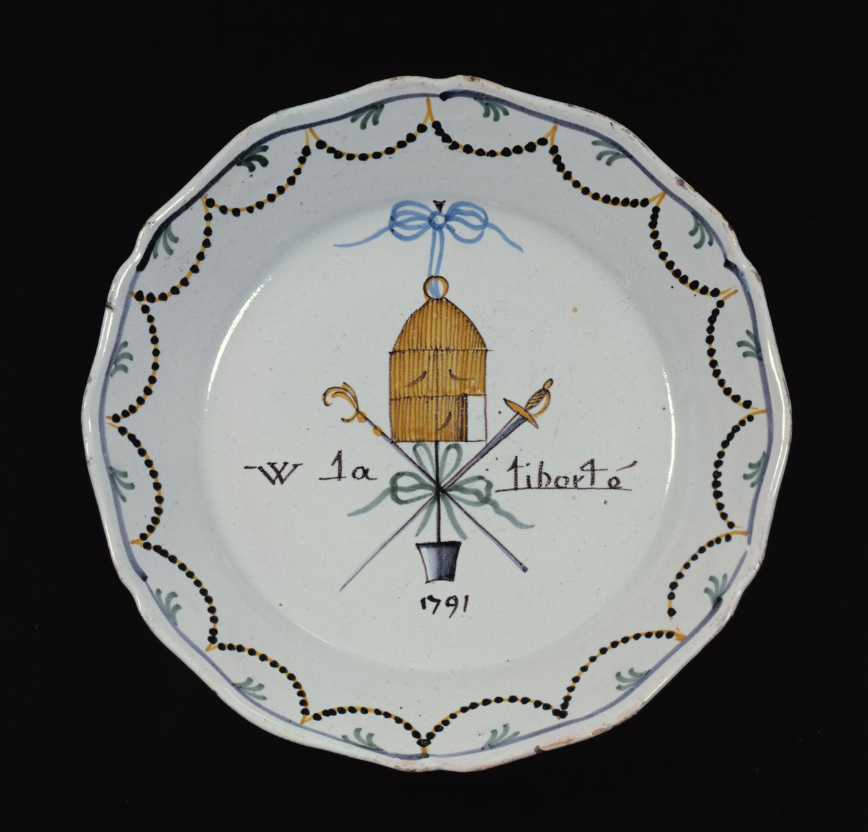 带开放式鸟笼的板材和传说Vive la Liberte，1791（陶瓷） 作者 法语学校
