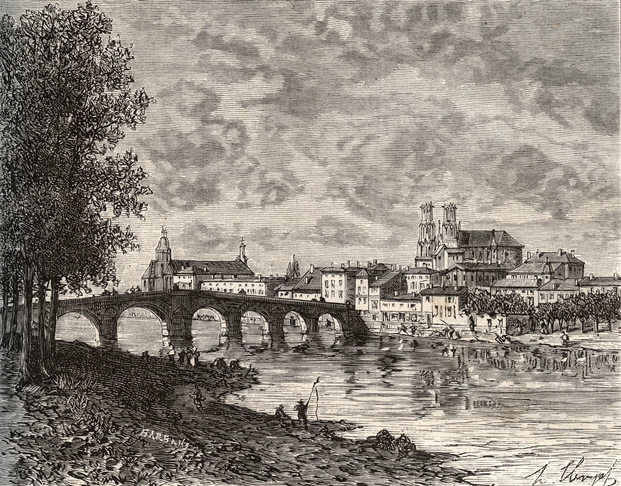 穆松桥（Pont a Mousson）--默尔特-摩泽尔省--V.-A. Malt-Brown的《法国图解：地理、历史、行政统计》中的版画。 作者 法语学校