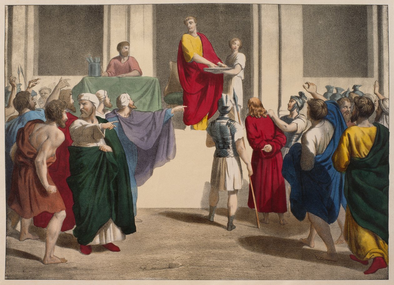庞蒂乌斯彼拉多在耶稣面前洗手，插图来自教理问答LHistoire Sainte，由Charles Delagrave，巴黎出版，19世纪末 作者 法语学校