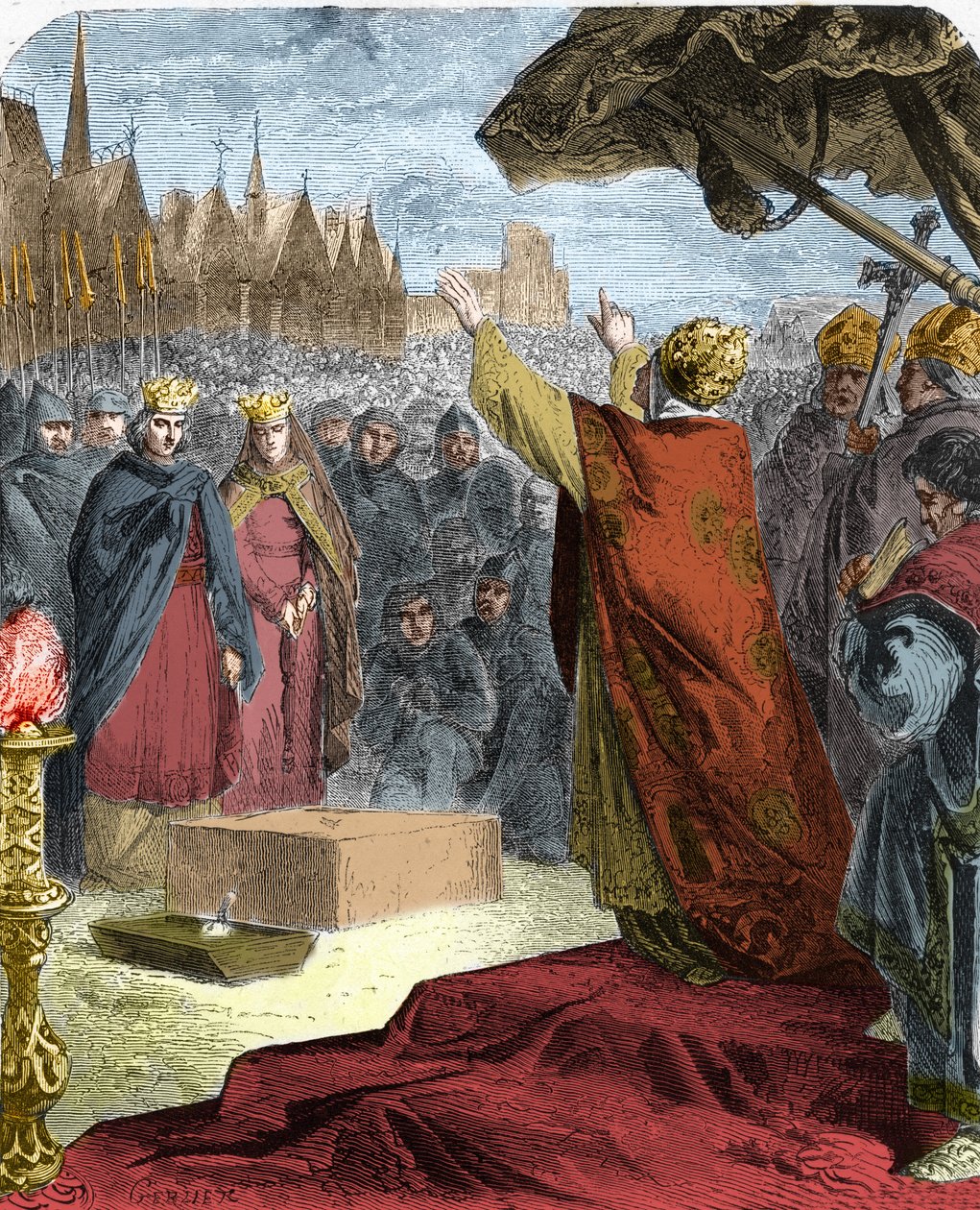 1163年，教皇亚历山大三世（Orlando Bandinelli）（亚历山德罗三世）在法国国王路易七世和苏利（Maurice de Sully）的见证下，为巴黎圣母院（Notre-Dame）大教堂奠基。 作者 法语学校