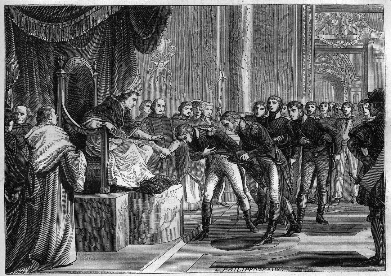 Pope Pius VII (1742-1823) receiving in Rome the French sailors members of the crews of the two bricks “Saint Peter” and Saint Paul”” offered as a gift to the Pope by Bonaparte, August 1802 - Engraving of 1865 in “Histoire du Consulate et de l