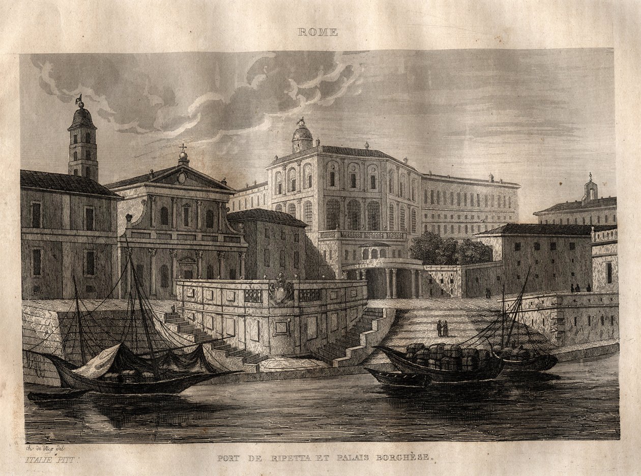Porto di Ripetta and Palazzo Borghese - 罗马 - 雕刻自M. de Norvins, Ch. Nodier的 "Picturesque Italy" - 意大利的历史和描述性绘画，1834-1836。 作者 法语学校