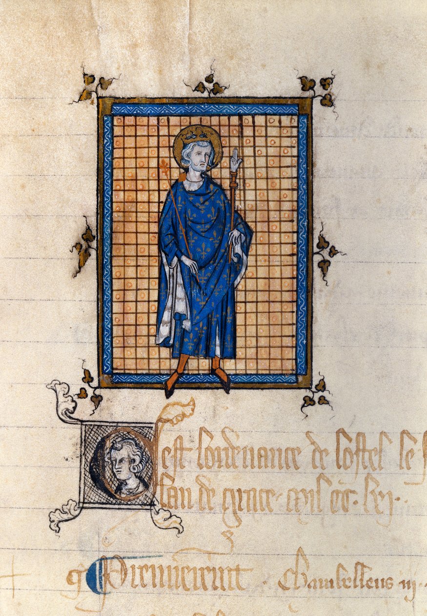 路易九世（Saint Louis en majeste）（1214-1270）的腰部画像，取自《国王酒店条例登记册》的微型画。巴黎，国家档案馆 作者 法语学校