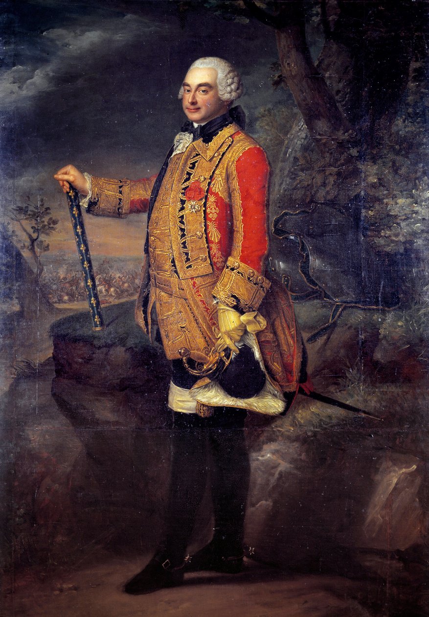 法国元帅苏比斯王子查尔斯·德·罗汉 (Charles de Rohan) 脚下的肖像 (1715-1787) 法国画派绘画。 18 世纪的太阳。 2,19x1,42 m 作者 法语学校