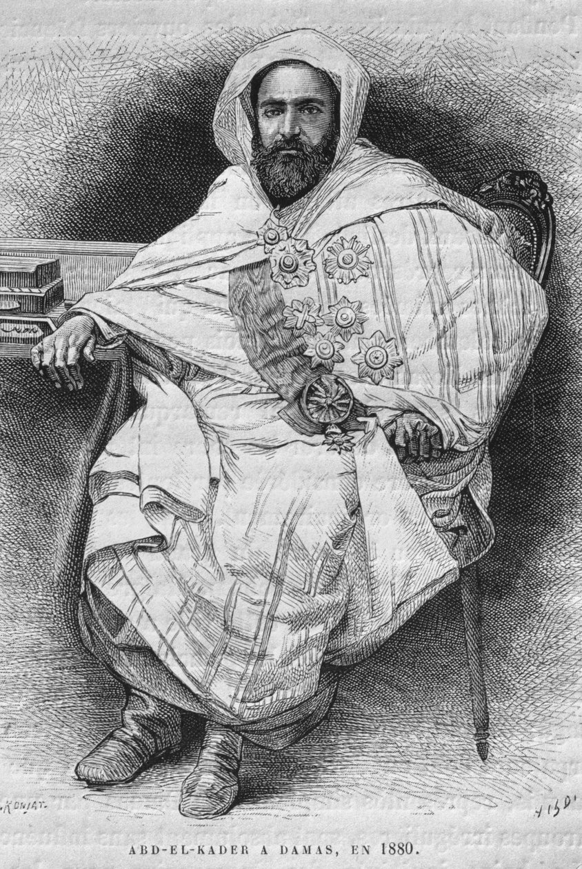 1880年（1808-83）在大马士革的Abd el-Kader画像，今天来自叙利亚。前往腓尼基，黎巴嫩和朱迪亚。路易斯查尔斯埃米尔洛特的1875  -  1880年，1884年（bw雕刻） 作者 法语学校