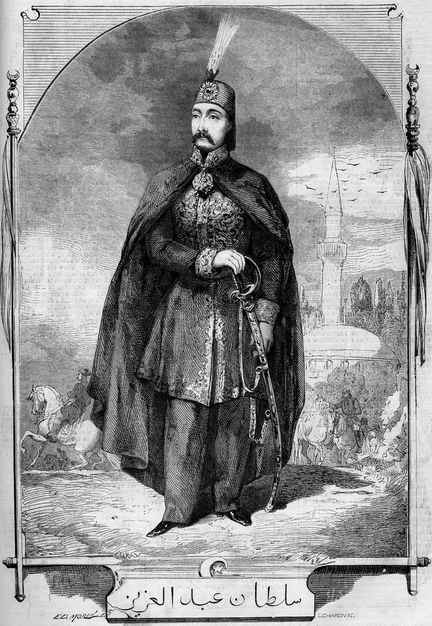 奥斯曼帝国苏丹阿卜杜勒-阿齐兹（Abd-ul-Aziz或Abd Ul Aziz或Abdulaziz）的肖像，1830-1876）。1861年7月27日《世界画报》第224期上的版画。 作者 法语学校