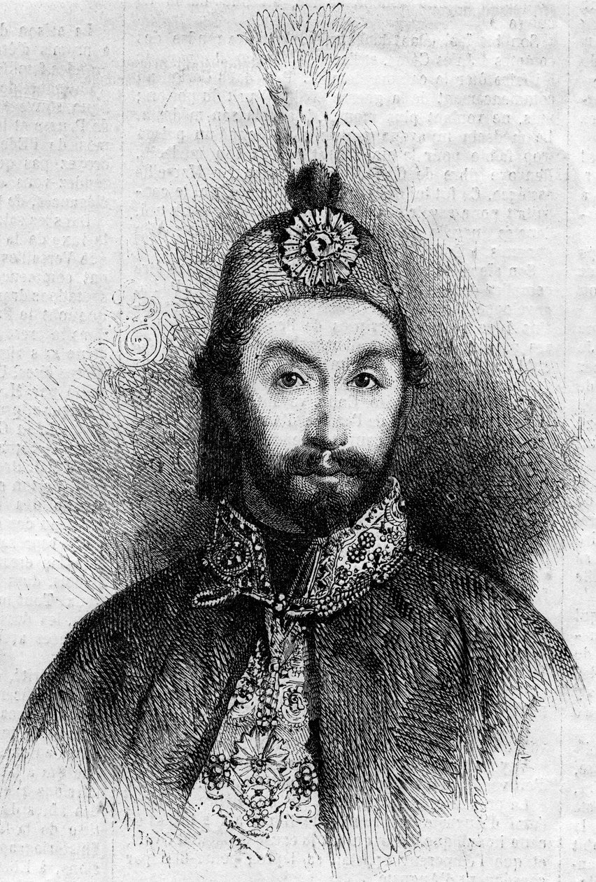 奥斯曼帝国苏丹阿卜杜勒梅吉特一世（Abdul-Medjid-Khan, Abdul Medjid Khan）（1823-1861）的肖像。1861年7月6日《世界画报》第221期的版画。 作者 法语学校