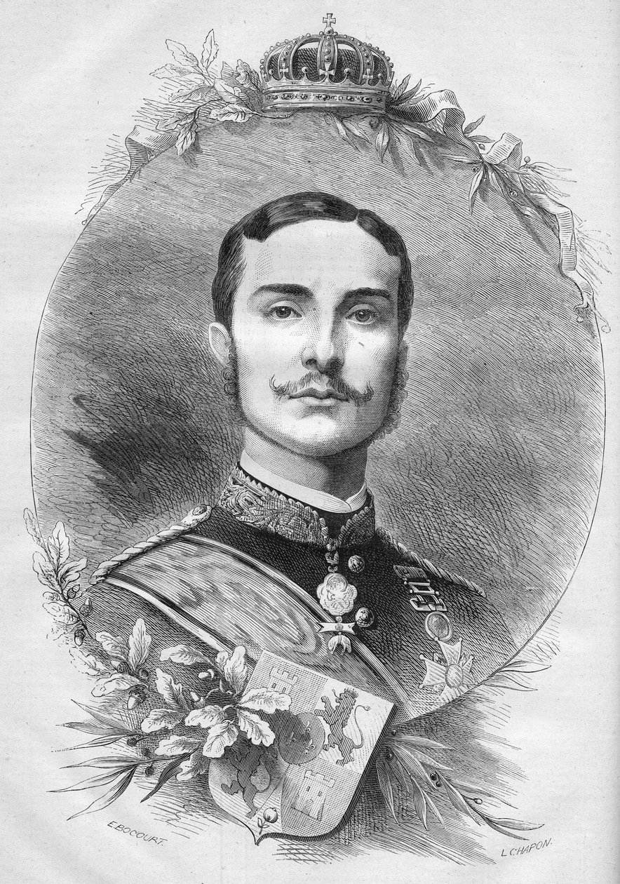 西班牙国王阿方索十二世（Alfonso）（1857-1885）的画像。1878年1月19日《世界画报》第1085期上的版画。 作者 法语学校